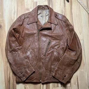 VINTAGE 70s Motorcycle Jacket Size M Distressed Leather Cafe Racer Dagger Collar